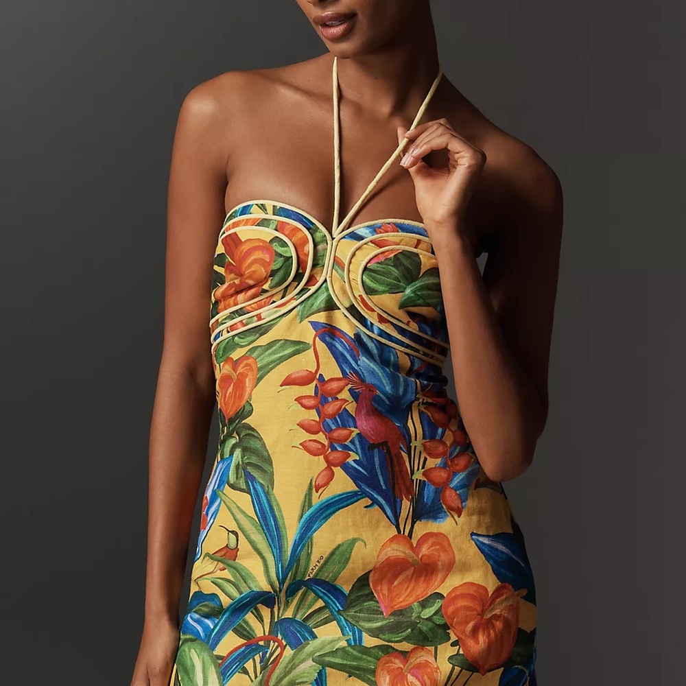 FARM Rio Bright Nature Linen Halter Mini Dress Size XL NWT - Picture 2 of 16